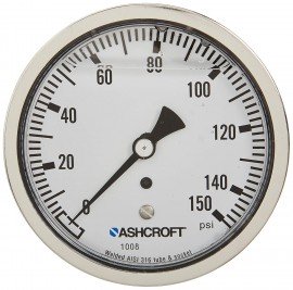 Ashcroft 1008 Pressure Gauge, 0 to 150 psi, 4" dial, ¼" NPT male lower back, SS housing-