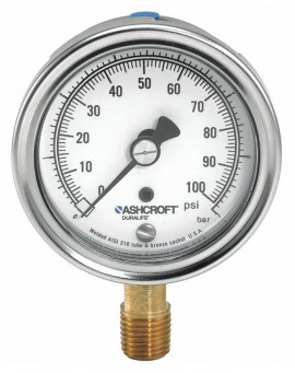 Ashcroft 1009 Pressure Gauge, 0 to 600 psi, 2.5&amp;quot; dial, &amp;frac14;&amp;quot; NPT male lower, SS housing-