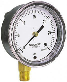 Ashcroft 1490 Pressure Gauge, 0 to 300 IW, 2.5&amp;quot; dial, &amp;frac14;&amp;quot; NPT male center back, black, glass filled polysulfone-