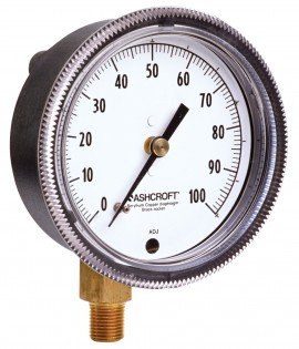 Ashcroft 1490 Pressure Gauge, 0/160 &amp;quot;H<sub>2</sub>O, 2.5&amp;quot; dial, &amp;frac14;&amp;quot; NPT male lower, black, glass filled polysulfone-