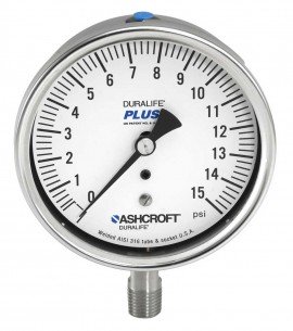 Ashcroft 1009 Pressure Gauge, 0 to 50 psi, 3.5&amp;quot; dial, &amp;frac14;&amp;quot; NPT male lower, SS housing-