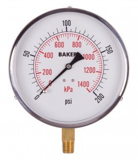 Baker 421AVND Series Pressure Gauge, 0 to 200 psi/0 to 1400 kPa, 4.5&amp;quot; dial, &amp;frac14;&amp;quot; NPT bottom, SS housing-