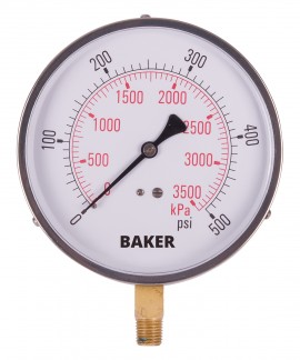 Baker 421AVND Series Pressure Gauge, 0 to 0-500 psi/0-3500 kPa, 4.5&amp;quot; dial, &amp;frac14;&amp;quot; NPT bottom, SS housing-