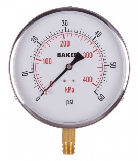 Baker 421AVND Series Pressure Gauge, 0 to 60 psi/0 to 400 kPa, 4.5&amp;quot; dial, &amp;frac14;&amp;quot; NPT bottom, SS housing-