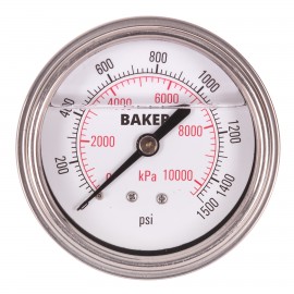 Baker AHNC Series Liquid Filled Pressure Gauge, 0 to 1500 psi/0 to 10,500 kPa, 2.5&amp;quot; dial, &amp;frac14;&amp;quot; NPT back, SS housing-