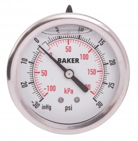 Baker AHNC Series Liquid Filled Pressure Gauge, 30&amp;quot;Hg-0 to 30 psi, 2.5&amp;quot; dial, &amp;frac14;&amp;quot; NPT back, SS housing-