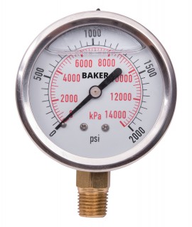 Baker AVNC Series Liquid Filled Pressure Gauge, 0 to 2000 psi/0 to 14,000 kPa, 2.5&amp;quot; dial, &amp;frac14;&amp;quot; NPT bottom, SS housing-