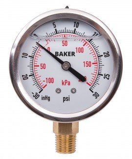 Baker AVNC Series Liquid Filled Pressure Gauge, 30&amp;quot;Hg-0 to 30 psi, 2.5&amp;quot; dial, &amp;frac14;&amp;quot; NPT bottom, SS housing-