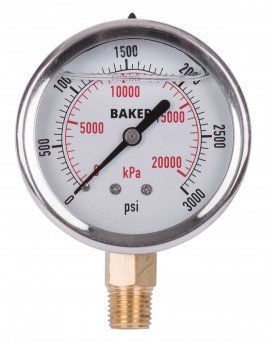 Baker AVNC Series Liquid Filled Pressure Gauge, 0 to 3000 psi/0 to 21,000 kPa, 2.5&amp;quot; dial, &amp;frac14;&amp;quot; NPT bottom, SS housing-