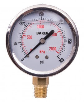 Baker AVNC Series Liquid Filled Pressure Gauge, 0 to 300 psi/0 to 2100 kPa, 2.5&amp;quot; dial, &amp;frac14;&amp;quot; NPT bottom, SS housing-