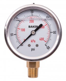 Baker AVNC Series Liquid Filled Pressure Gauge, 0 to 60 psi/0 to 400 kPa, 2.5&amp;quot; dial, &amp;frac14;&amp;quot; NPT bottom, SS housing-
