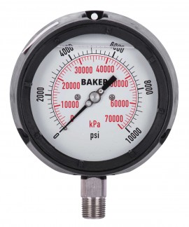 Baker LF45 Series Liquid Filled Pressure Gauge, 0 to 10,000 psi/0 to 70,000 kPa, 4.5&amp;quot; dial, &amp;frac12;&amp;quot; NPT bottom, impact resistant phenolic case-