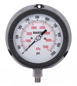 Baker LF45 Series Liquid Filled Pressure Gauge, 0 to 1000 psi/0 to 7000 kPa, 4.5&amp;quot; dial, &amp;frac12;&amp;quot; NPT bottom, impact resistant phenolic case-