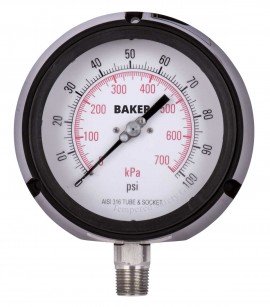 Baker LF45 Series Liquid Filled Pressure Gauge, 0 to 100 psi/0 to 700 kPa, 4.5&amp;quot; dial, &amp;frac14;&amp;quot; NPT bottom, impact resistant phenolic case-