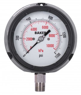 Baker LF45 Series Liquid Filled Pressure Gauge, 0 to 1500 psi/0 to 10,500 kPa, 4.5&amp;quot; dial, &amp;frac14;&amp;quot; NPT bottom, impact resistant phenolic case-