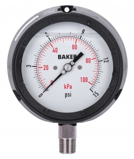 Baker LF45 Series Liquid Filled Pressure Gauge, 0 to 15 psi/0 to 100 kPa, 4.5&amp;quot; dial, &amp;frac12;&amp;quot; NPT bottom, impact resistant phenolic case-