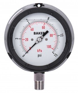 Baker LF45 Series Liquid Filled Pressure Gauge, 0 to 15 psi/0 to 100 kPa, 4.5&amp;quot; dial, &amp;frac12;&amp;quot; NPT bottom, impact resistant phenolic case-