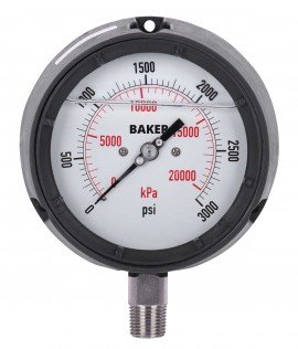 Baker LF45 Series Liquid Filled Pressure Gauge, 0 to 3000 psi/0 to 21,000 kPa, 4.5&amp;quot; dial, &amp;frac12;&amp;quot; NPT bottom, impact resistant phenolic case-