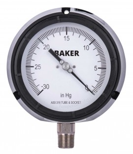 Baker LF45 Series Liquid Filled Pressure Gauge, 30&amp;quot;-0 Hg V AC, 4.5&amp;quot; dial, &amp;frac12;&amp;quot; NPT bottom, impact resistant phenolic case-