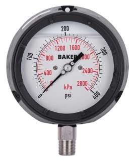 Baker LF45 Series Liquid Filled Pressure Gauge, 0 to 400 psi/0 to 2800 kPa, 4.5&amp;quot; dial, &amp;frac12;&amp;quot; NPT bottom, impact resistant phenolic case-