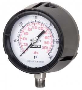 Baker LF45 Series Liquid Filled Pressure Gauge, 0 to 5000 psi/0 to 35,000 kPa, 4.5&amp;quot; dial, &amp;frac14;&amp;quot; NPT bottom, impact resistant phenolic case-