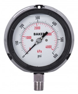 Baker LF45 Series Liquid Filled Pressure Gauge, 0 to 600 psi/0 to 4200 kPa, 4.5&amp;quot; dial, &amp;frac14;&amp;quot; NPT bottom, impact resistant phenolic case-