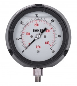 Baker LF45 Series Liquid Filled Pressure Gauge, 0 to 60 psi/0 to 400 kPa, 4.5&amp;quot; dial, &amp;frac12;&amp;quot; NPT bottom, impact resistant phenolic case-