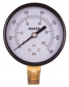 Baker LVBNA Series Pressure Gauge, 0 to 100 psi/0 to 700 kPa, 2.5&amp;quot; dial, &amp;frac14;&amp;quot; NPT bottom, SS housing-
