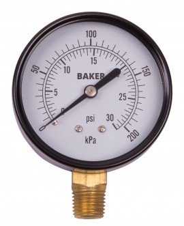 Baker LVBNA Series Pressure Gauge, 0 to 30 psi/0 to 200 kPa, 2.5&amp;quot; dial, &amp;frac14;&amp;quot; NPT bottom, SS housing-