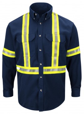 Bulwark SLUC Men&#039;s Midweight FR Enhanced Visibility Uniform Shirt with reflective trim, large, navy-