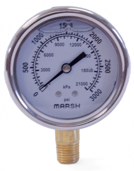 Marsh J76 Series Liquid Filled Gauge, 0 to 160 psi, 63 mm, &amp;frac14;" lower mount NPT, 304 SS-