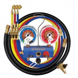 Mastercool 51472 3-Way Aluminum Ball Valve Manifold Gauge Set with 72" hoses, 1/4" SAE fittings, R454B, R410A, and R32-