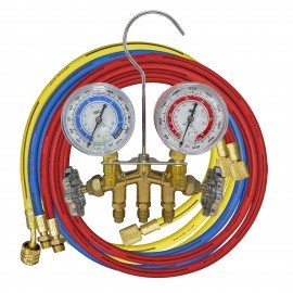 Mastercool 80636-MG R134a 2-Way Brass Manifold Metric Gauge Set with 3 x 36&amp;quot; hoses, 2-&amp;frac12;&amp;quot; gauges and gauge guards-