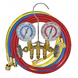 Mastercool 80772-M R134a 2-Way Brass Manifold Metric Gauge Set with 3 x 72&amp;quot; hoses, 2-&amp;frac12;&amp;quot; gauges and gauge guards-