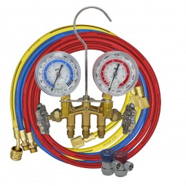 Mastercool 84636-M 2-Way Brass Manifold Gauge Set with manual coupler, metric, R134a-