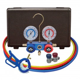 Mastercool 89661-PRO 2-Way Aluminum Manifold Gauge Set with manual couplers and 3-in-1 side mount can tap valve, 60&quot; hoses, R134a-