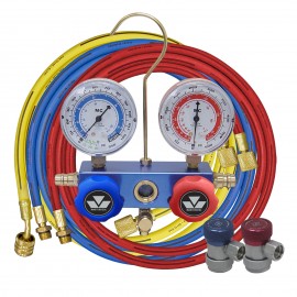 Mastercool 89772-MG 2-way Aluminum Manifold Metric Gauge Set with gauge guards, 183 cm hoses and manual couplers, R134a-