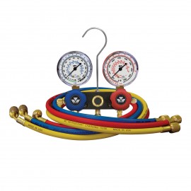 Mastercool 93636-MG 2-Way Aluminum Manifold Gauge Set with protector guard, metric, R134a, R404A, R407C, R22, and R507A-