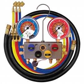 Mastercool 95536 4-Way 3/8&amp;quot; Bore Aluminum Manifold with 3 x 36&amp;quot; 1/4&amp;quot; SAE nylon barrier hoses, manual shut-off valves-