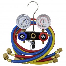 Mastercool 97772-MR 2-Way Metric Aluminum Manifold Set with 3 x 72&amp;quot; hose, shut-off valve fitting, and gauge guards-