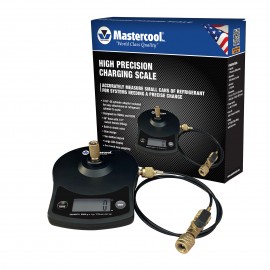 Mastercool 98201-A High Precision Charging Scale with 176 oz capacity, packaged in a Mastercool cardboard box-