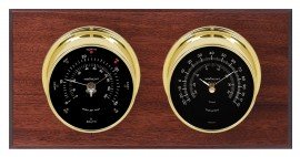 Maximum Catalina 2S Two-Instrument Weather Station with mahogany panel, brass case, black dial-