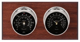Maximum Catalina Two-Instrument Weather Station with mahogany panel, chrome case, black dial-