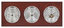 Maximum Montauk Three-Instrument Weather Station with mahogany panel, chrome case, silver dial-