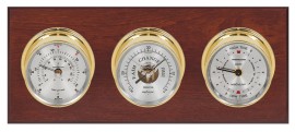 Maximum Newport 2S Three-Instrument Weather Station with mahogany panel, brass case, silver dial-