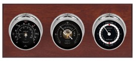 Maximum Newport Three-Instrument Weather Station with mahogany panel, chrome case, black dial-