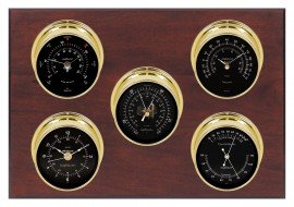 Maximum Professional 2S Five-Instrument Weather Station with mahogany panel, brass case, black dial-
