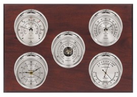 Maximum Professional Five-Instrument Weather Station with mahogany panel, chrome case, silver dial-