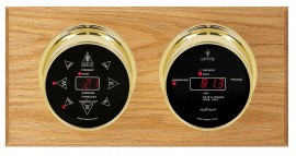 Maximum Sorcerer Two-Instrument Weather Station with oak panel, brass case, silver dial-