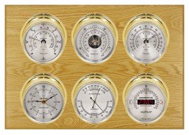 Maximum Weathermaster Six-Instrument Weather Station with oak panel, brass case, silver dial-